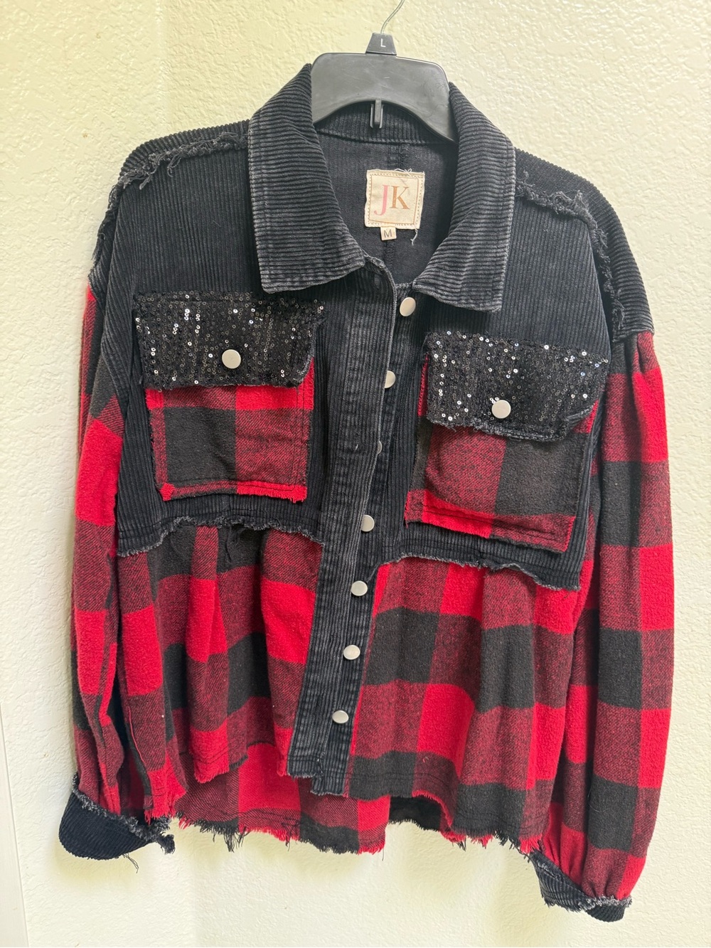 JK Designs Black & Red Buffalo Plaid Corduroy Trim Jacket